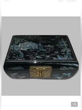 Vtg. Korean Lacquered Jewelry Box: Mother of Pearl Inlay; 2 velvet layered trays